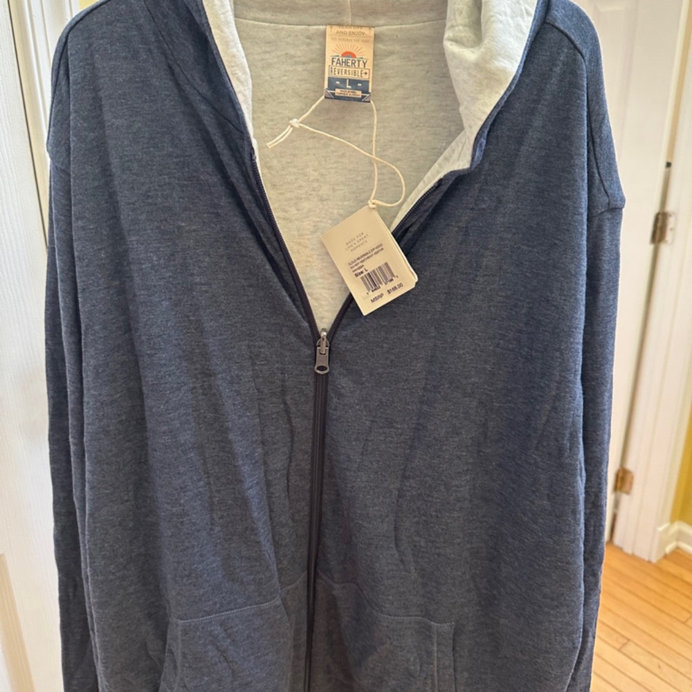 Faherty Men’s Cloud reversible zip hoodie navy heather/Ivory Size Large